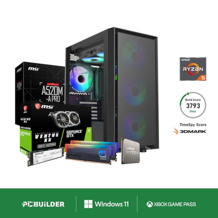 PCBuilder Scout Gaming PC - AMD Ryzen 5-5500 / 16GB RAM / 1TB SSD / MSI A520 Motherboard / GeForce GTX 1650 Ventus / Windows 11 Home