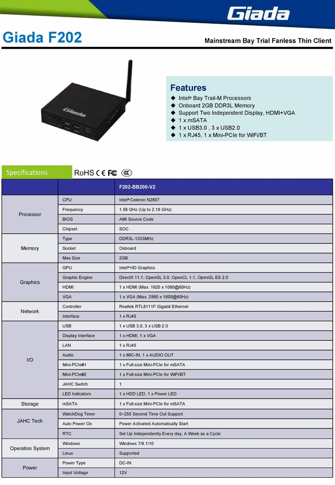 Giada F202 Fanless Celeron N2807 2GB 1xVGA|1xHDMI