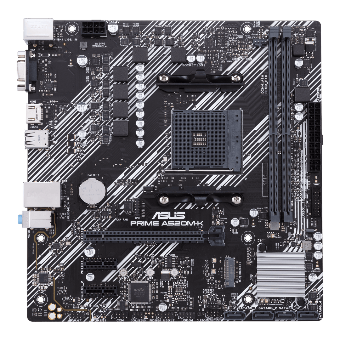 AMD A520 (Ryzen AM4) micro ATX motherboard with M.2 support; 1 Gb Ethernet; HDMI/D-Sub; SATA 6 Gbps; USB 3.2 Gen 1 Type-A